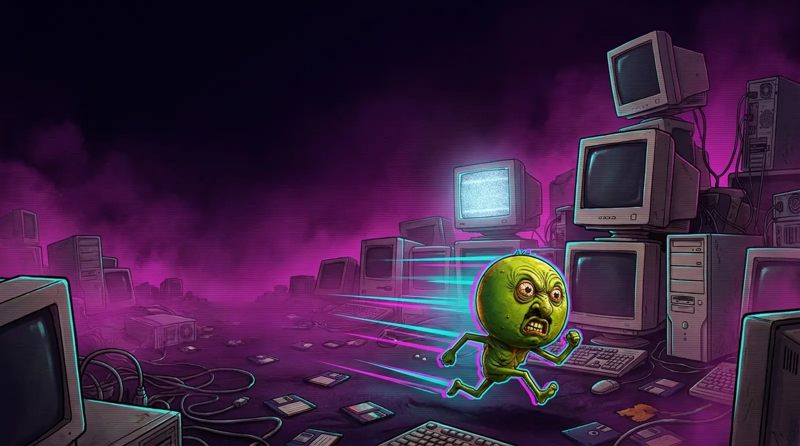 A vast graveyard of abandoned 2000s computers, stacked dead CRT monitors and scattered floppy disks, with the small green creature running through it.