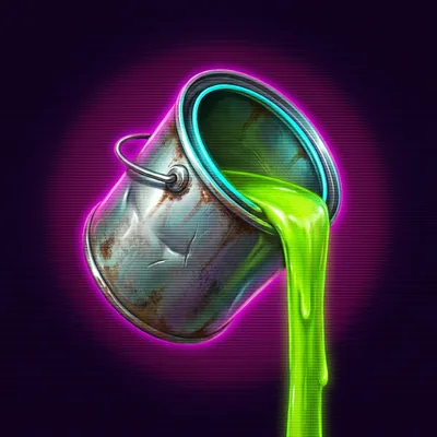 A rusted metal paint bucket pouring bright green paint.
