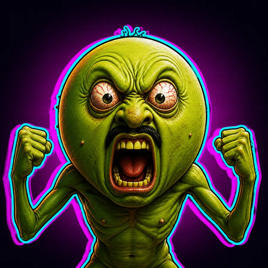 The BLOB RAGE creature screaming straight at the viewer with both fists raised.