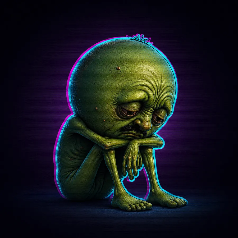 The creature sitting hunched on the floor, arms over its knees, head down.