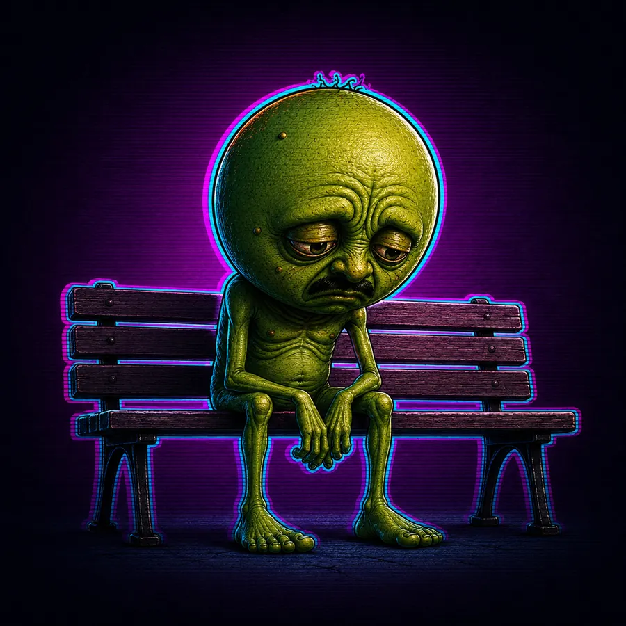 The creature sitting alone on a park bench, hands together, head down.