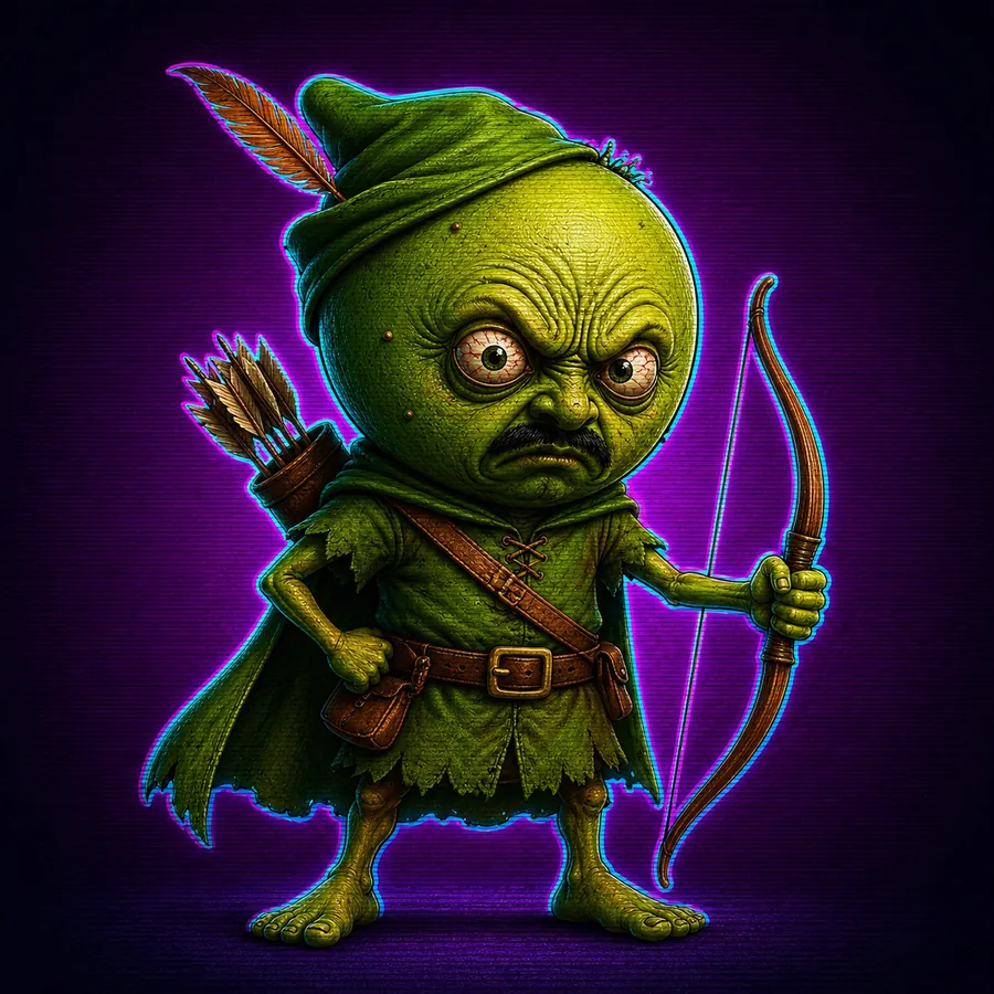 The creature dressed as a folkloric outlaw archer: green hood, feathered cap, bow and quiver.